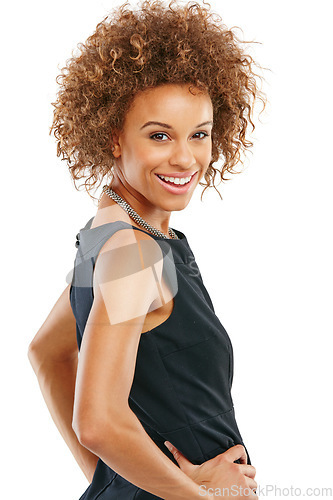 Image of Black woman, happy portrait and a smile while confident with a smile, pride and motivation in studio. Face of business person isolated on a studio background in professional style clothes and mindset