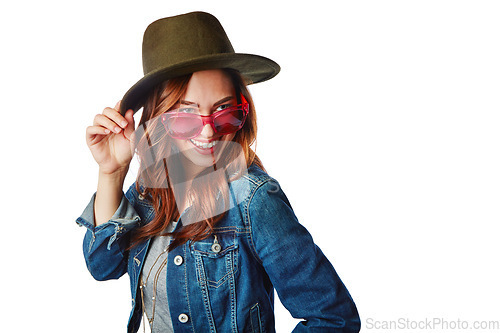 Image of Happy woman, fashion and sunglasses with hat or denim jacket on isolated white background or marketing mockup. Smile, gen z and model with funny, comic or ideas face expression for cool brand clothes