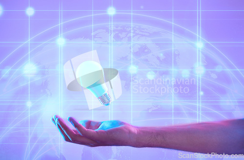 Image of Lightbulb, hand and idea of future, global networking or ai technology on digital purple background. Energy, electricity and person with creative, neon and futuristic connection, cyber world or globe