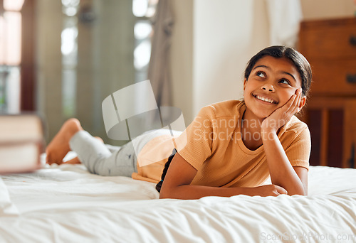 Image of Fantasy, bed and black girl thinking, ideas and relax on weekend, happiness and summer break. African American female child, young lady or daydreaming, imagination and thought with wonder and bedroom