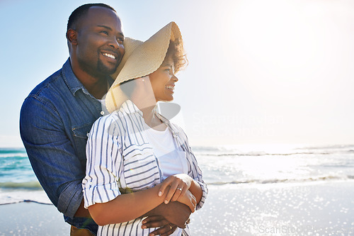 Image of Beach, relax vacation and black couple hug, travel and enjoy outdoor quality time together. Ocean sea water, blue sky mock up or freedom peace for happy bonding people on Jamaica holiday mockup