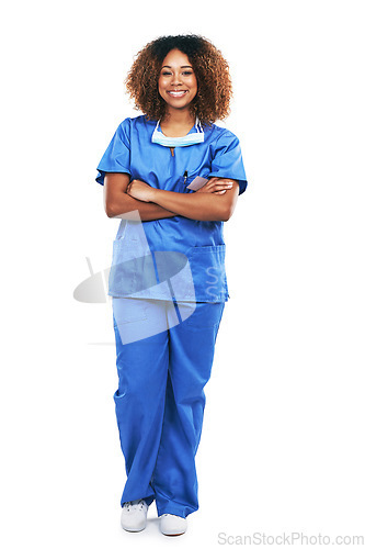 Image of Happy, smiling and portrait of a black woman with arms crossed isolated on a white background in studio. Medical expert, healthcare and African nurse with a smile, pride and confidence for surgery