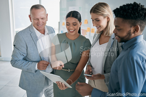 Image of Tablet, team work or business people in a meeting planning a SEO digital marketing, advertising or branding strategy. Data analysis, collaboration or employees working, talking or reading analytics