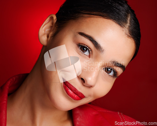 Image of Lipstick, portrait or woman with makeup for beauty or glowing skin with luxury cosmetics or products. Studio background, face or beautiful girl model marketing facial skincare for self care grooming