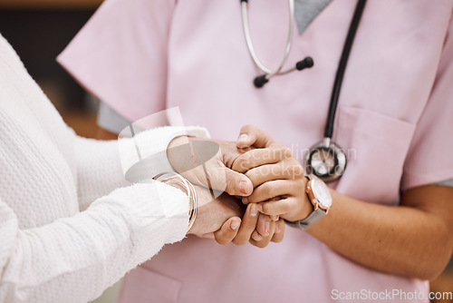 Image of Support, empathy and nurse holding hands with patient for compassion, trust and comfort from medical results. Insurance, healthcare and female doctor with senior woman for sympathy in consultation