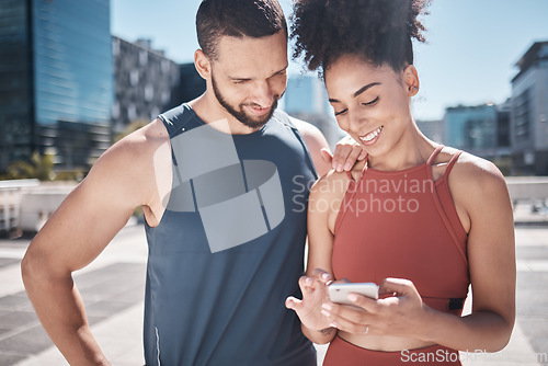 Image of Exercise, wellness and black couple with phone in city for running, marathon training and workout. Fitness, sports and man and woman on smartphone for social media, internet and health progress app