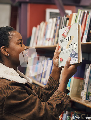 Image of Black woman with book, student of medicine in library, pills and healthcare education with learning about pharmaceutical drugs. Reading information, learn and study, research for medical exam