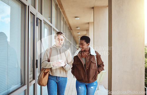 Image of Friends, women and smartphone for social media, talking and connection to share pictures, walking and relax together. Female students, girls and cellphone for communication, scroll online and typing