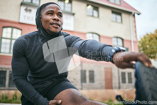 Image of Exercise, black man and stretching legs, outdoor and workout for fitness, wellness and health. African American male, athlete and stretch leg for training, cardio performance and balance for energy