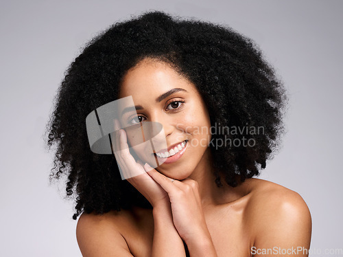 Image of Beauty, skincare and product with portrait of black woman for facial, self care and luxury cosmetics. Spa, hair care and makeup with face of girl model for treatment, natural and wellness in studio