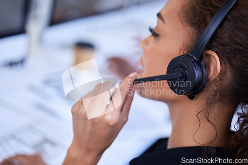 Image of Woman, call center and communication for customer service, advice and conversation with headset microphone. Crm expert, contact us and telemarketing agent with voip tech, talking and consulting job