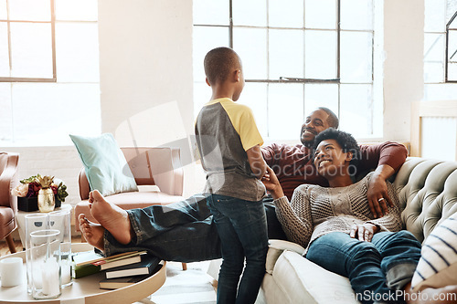 Image of Relax happy black family child, parents or African people smile together, bonding and enjoy quality time. Happiness, love and young youth kid, easy father and mother lounge on home living room sofa