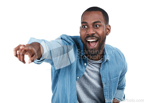 Image of Black man, pointing and studio portrait with excited smile, motivation or vision by white background. Isolated African model, man and hand sign for direction, career goal and future with edgy fashion