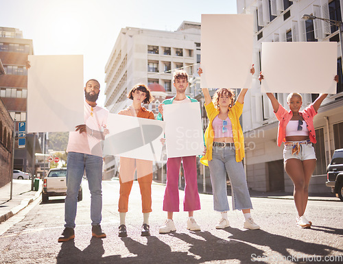 Image of Diversity, mockup and young people protest, city and posters for human right, justice and equality. Friends, protesters and group with blank cards, march and fight for injustice, change and in street