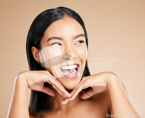 Image of Face, beauty and excited with a model black woman in studio on a beige background for natural skincare. Facial, luxury and cosmetics with an attractive young female posing to promote a product