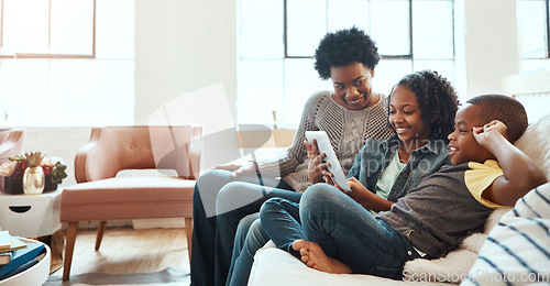 Image of Family with tablet, streaming and relax at family home together, spending quality time together with technology. Black people, mother and children on sofa with device, internet wifi and social media