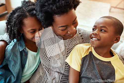 Image of Love, mother and children embrace sofa for happy family time together to relax in apartment in South Africa. Smile trust and support, black woman and kids sitting on couch with healthy relationship.