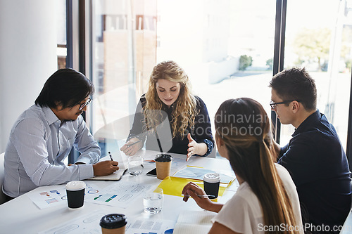 Image of Business people, meeting and team discussion for strategy, marketing or collaboration at the office. Group of employee workers in business meeting, teamwork or project planning idea at the workplace