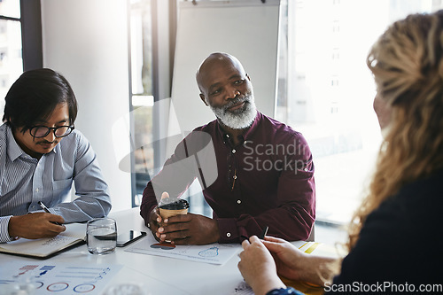 Image of Business people, black man and staff in meeting, brainstorming and conversation for collaboration, office and project success. Team, male leader and employees talking, share ideas and company target