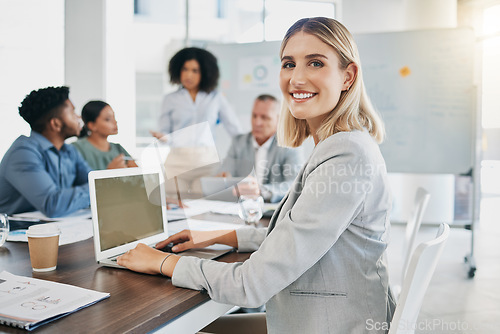 Image of Laptop, startup meeting and portrait of woman at digital design workshop, diversity in creative project. Strategy, planning and teamwork with face of happy woman in modern office for collaboration.