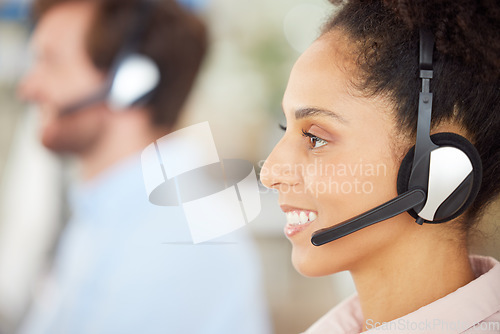 Image of Call center, consulting and communication with business woman for telemarketing, customer service and contact us. Sales, crm and technical support with black woman in help desk agency for networking