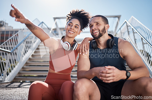 Image of Black couple, fitness and relax outdoor for runner cardio, training workout and exercise motivation together. Sports goal break, athlete man and woman smile on city stairs for running lifestyle