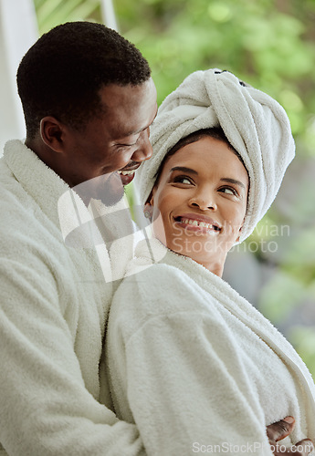 Image of Spa, love and relax with a black couple in a health center or luxury resort for romance and wellness. Vitality, rest and relaxation with a man and woman at a lodge for a romantic weekend getaway