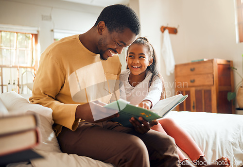 Image of Black family, father reading to child and bonding love, storytelling and language learning in bedroom. Happy people, dad and girl kid with book for creative knowledge, education and home teaching