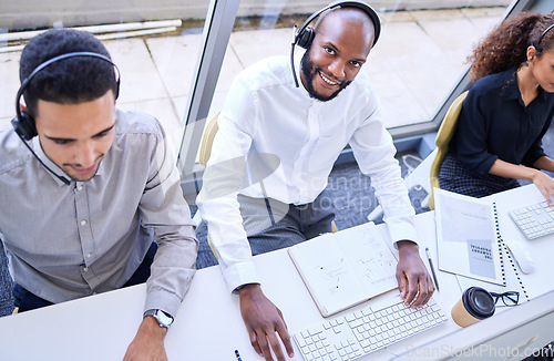 Image of Call center, telemarketing black man and portrait with success smile, customer care excellence and solution above. Happy IT person, technical support agent or consultant people working at help desk