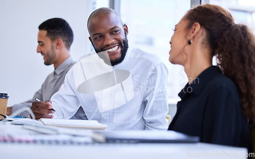 Image of Planning, collaboration and teamwork of black people with smile in startup meeting, employees discussion and ideas. Happy person, worker or business staff talking, coworking and office brainstorming