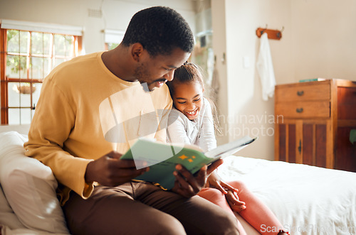 Image of Storytelling, father reading to child for family love, help and language learning support in bedroom. Happy african people or dad with smart girl for book creativity, education and home teaching