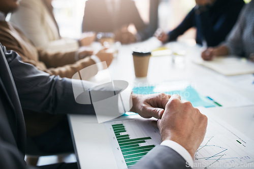 Image of Meeting, hands and business man with data, chart or infographic of financial investment development. Communication, teamwork collaboration and corporate team discussion over stock market analytics