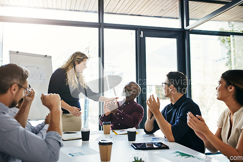 Image of Business people meeting, celebration applause or manager presentation, speech or leader investment congratulations. Thank you, promotion success achievement and clapping team celebrate profit revenue