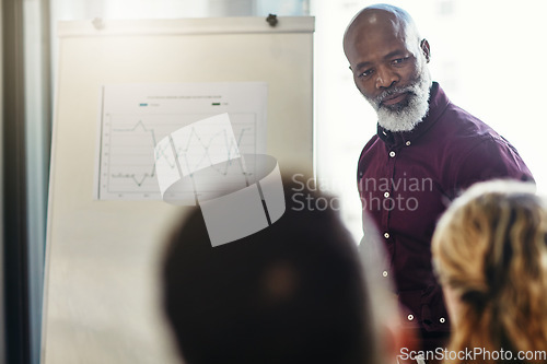 Image of Business people, speaker and senior black man presentation, speech or ceo investment proposal. Data Chart, communication workshop meeting and finance mentor coaching, teaching or training sales team