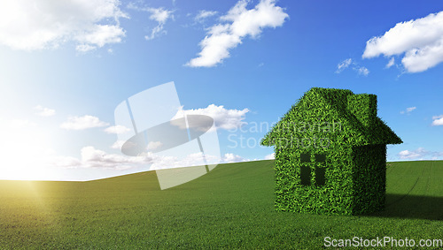 Image of Real estate field, blue sky and grass house for eco friendly architecture design, sustainability and countryside property investment. Agriculture environment landscape, nature growth and spring home