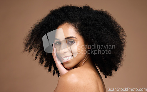 Image of Portrait, beauty skincare and face of black woman in studio isolated on a brown background. Makeup, cosmetics and happy female model satisfied with spa facial treatment for healthy skin and wellness.