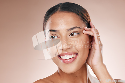 Image of Skincare, beauty and acupressure, portrait of happy woman hand and smile on face on studio background. Makeup, glamour and luxury care with facial massage, natural spa treatment on woman with mockup