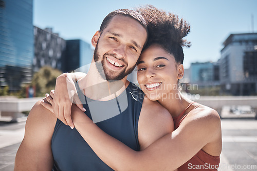 Image of Fitness, portrait and couple hug in workout, training or exercise with support, love and motivation teamwork for wellness in city. Urban, sports and athlete friends smile for cardio or muscle goals