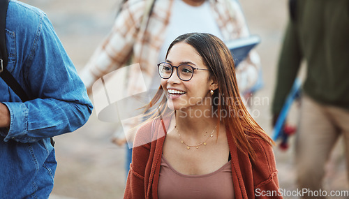 Image of Happy woman, students and walking on university, college campus or school in morning class commute, study break or rest. Smile, people or bonding friends and education learning or scholarship goals