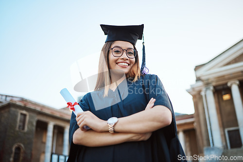 Image of Portrait, graduation and education with a student woman holding a diploma or certificate outdoor as a graduate. Study, goal or unviersity with a female pupil standing outside for scholarship success