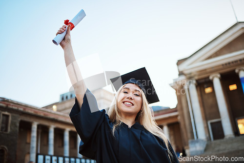 Image of Education, graduation and portrait of woman at university, college and academic campus with diploma certificate. Celebration, graduate ceremony and girl student with success, victory and achievement