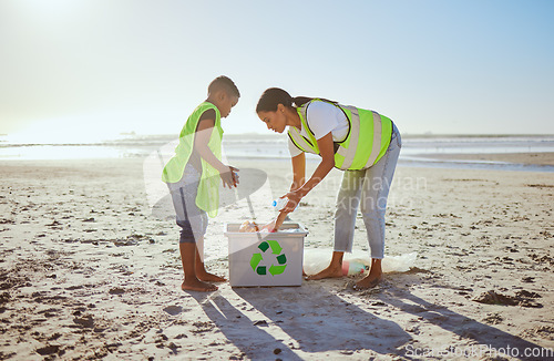 Image of Recycle, plastic and mother with child in beach cleaning education of sustainability, green environment or eco friendly ocean. Mother or volunteer family with box at sea for pollution or earth day