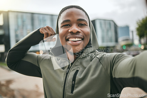 Image of Fitness, selfie or happy black man with muscle smiles with pride after training, exercise or workout in city. Portrait, mindset or healthy sports athlete with body goals, strong motivation or mission