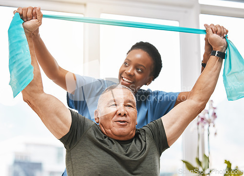 Image of Physiotherapy help, stretching band and doctor with senior man in physical therapy, rehabilitation or healthcare support. Black woman chiropractor or physiotherapist consulting elderly patient