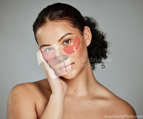 Image of Eye mask skincare, woman beauty and portrait of a model with dermatology and wellness product for eyes. Facial, face cosmetics and healthy self care of a person with a collagen eye treatment for glow