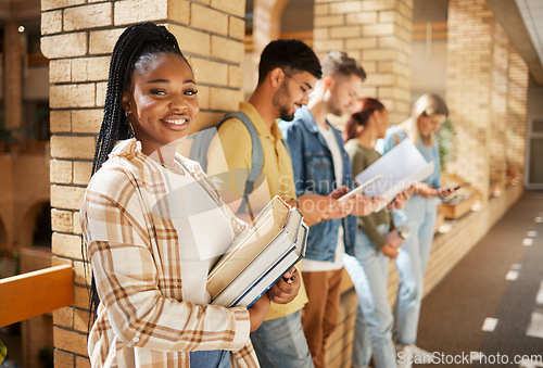 Image of University, hallway and portrait of black woman and students standing in row together with books before class. Friends, education and future learning, girl in study group on campus in lobby for exam.