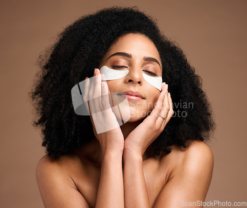 Image of Beauty, skincare and eye mask with face of black woman for facial, product and spa treatment. Collagen, self care and luxury with girl model and eye patches for wellness, cosmetics and dermatology