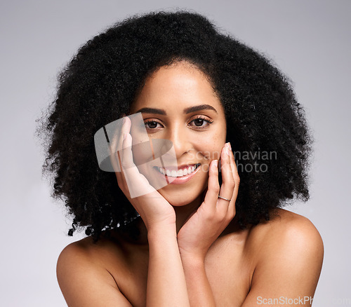 Image of Beauty, skincare and smile with portrait of black woman for facial, self care and luxury cosmetics. Spa, hair care and makeup with face of girl model for treatment, natural and wellness in studio