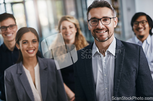 Image of Business team, group portrait and happy people in a corporate office ready for collaboration. Teamwork, company strategy and smile with lens flare of employee leadership group with happiness