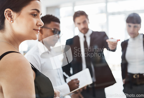 Image of Business people, strategy and brainstorming by glass board at office meeting with women, businessman and writing. Corporate group, diversity and coaching for planning, vision and financial goals